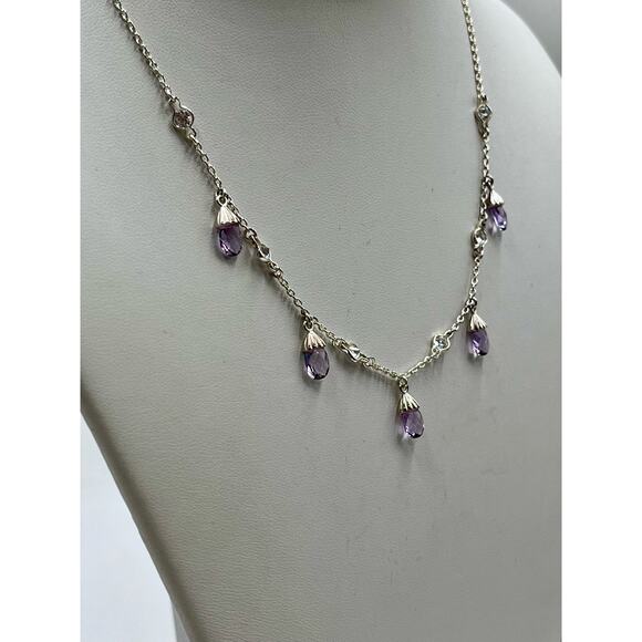 Signed L J Sterling Silver Amethyst Briolette Drop Necklace February Birthstone - Picture 7 of 13
